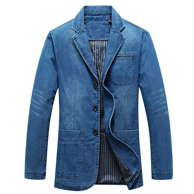 Blazer de mezclilla para hombre, traje Vintage de algodón a la moda, abrigo azul, chaqueta vaquera ajustada, Top 4Xl