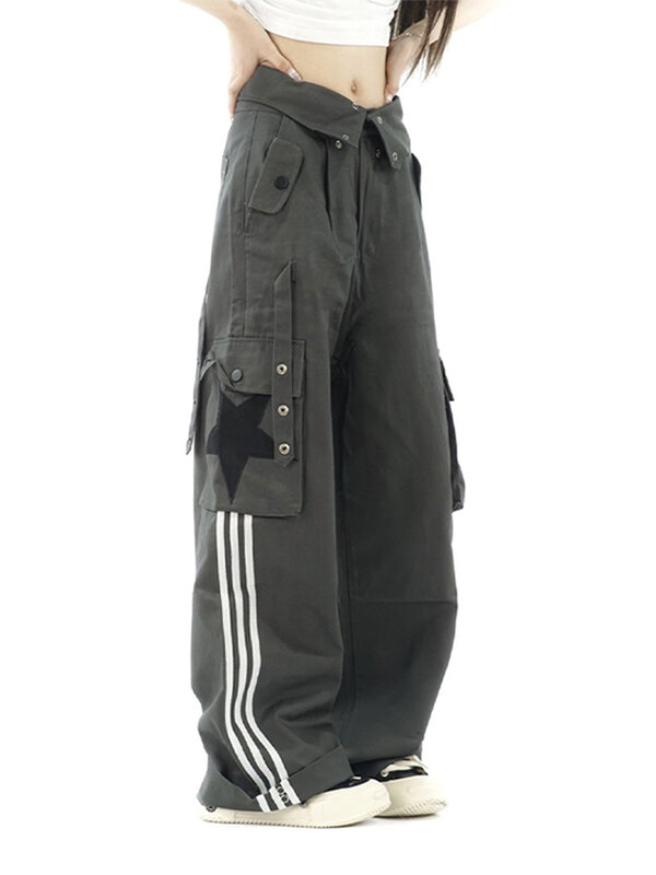 Женские брюки-карго Y2k на раннюю осень 2023, уличные женские брюки в полоску со звездами и большими карманами, свободные женские брюки с широкими штанинами и манжетами в стиле Харадзюку
