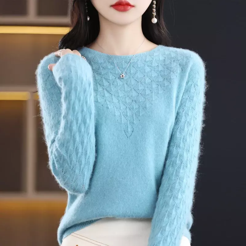 Frühling und Herbst neuer Merinowolle-Pullover weiblicher O-Ausschnitt hohler Pullover schicker Pullover Kaschmir pullover lockeres schmales Oberteil