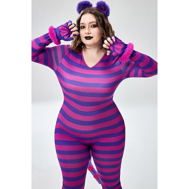 Plus Size Halloween Kostuum Paarse Cosplay Kitten Gebreide Jumpsuit (Met Hoofddeksels En Handschoenen)