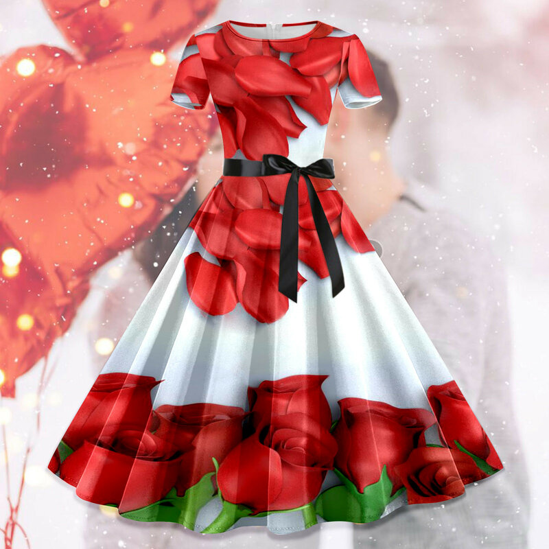 50s 60s Vintage sukienka trapezowa z krótkim rękawem Retro czerwona sukienka typu Swing walentynkowa nadruk serce na imprezę bal sukienka Femme Vestidos