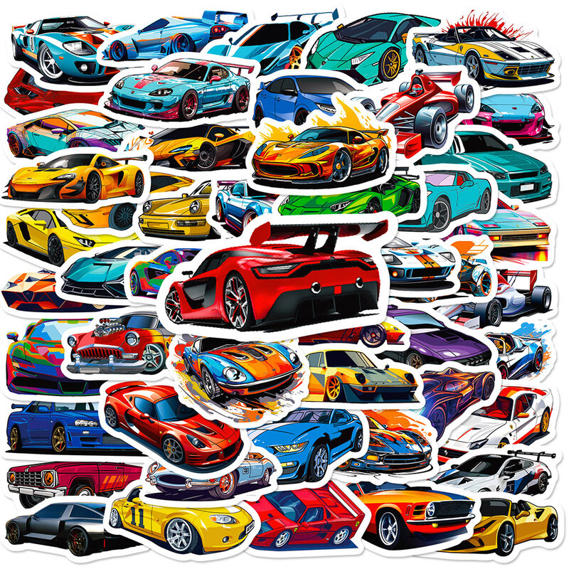 Cool Racing Car Cartoon Stickers Pack, Anime Varied Stickers Pack para crianças, Bagagem de viagem, Scrapbooking, Decoração de parede, Decalques Graffiti, 10 Pcs, 50Pcs