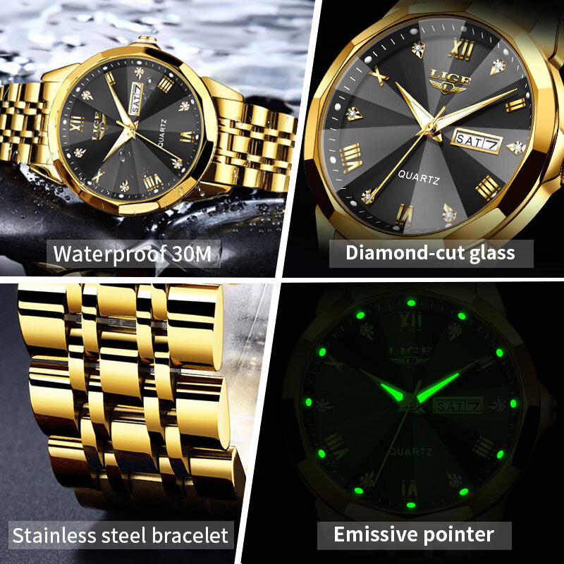 Часы LIGE Мужские Наручные с браслетом из нержавеющей стали, роскошные деловые водонепроницаемые, с календарем и стразами