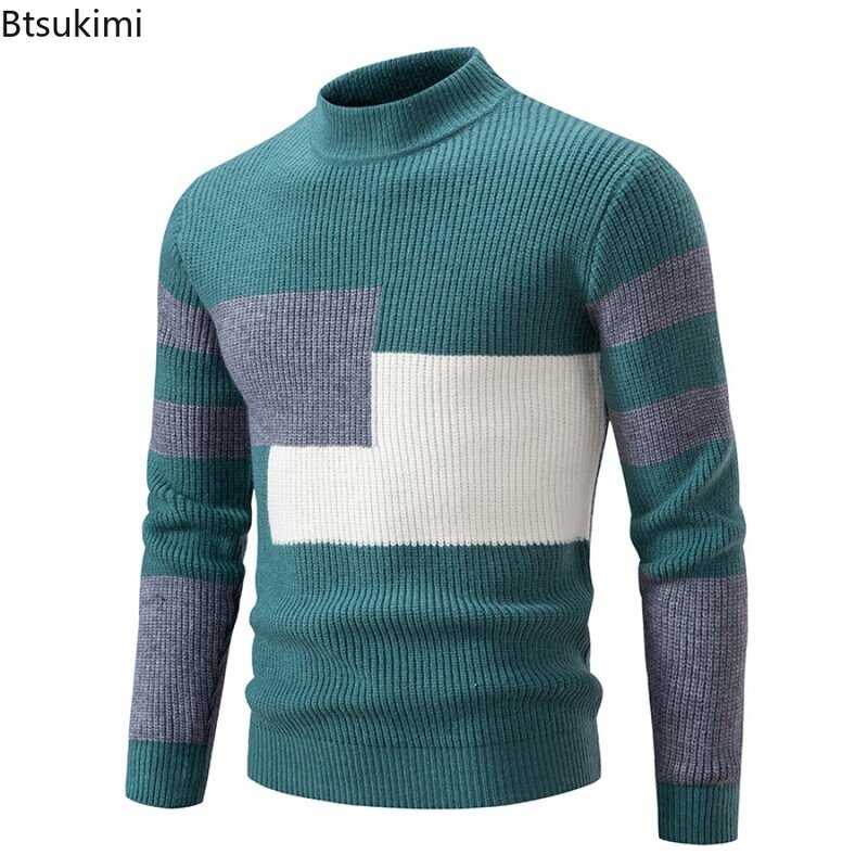 New2024 Herbst Winter Herren lässig warmen Pullover Modetrend gestrickte Pullover Tops Kontrast Mock Neck Strick pullover für Männer