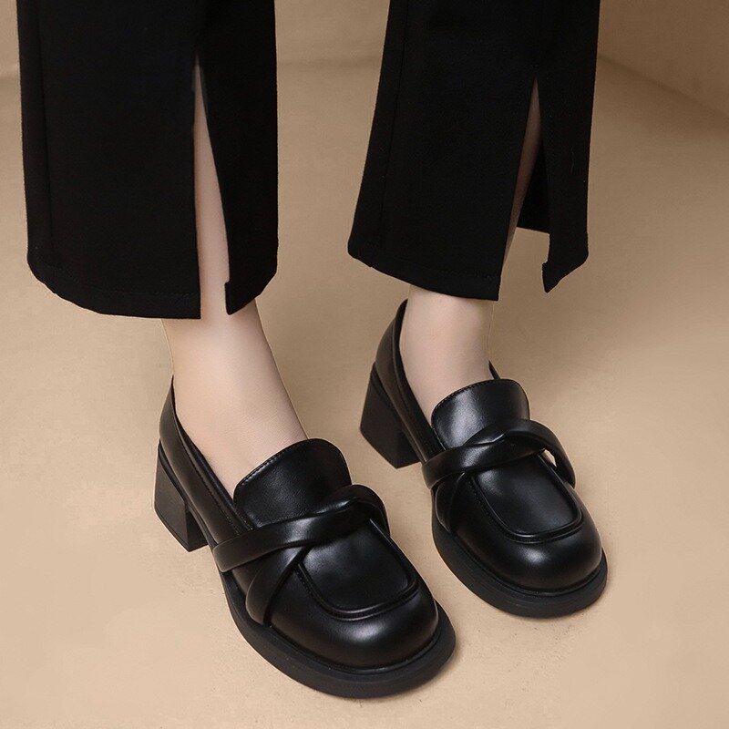 2024 Black British Style Retro Thick Heel Mary Jane Women's Shoes Designer New Slip-on Soft Sole Casual Leather Woman High Heels