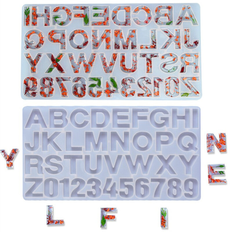 Cetakan Resin epoksi kristal, kerajinan silikon cor liontin Nomor huruf alfabet