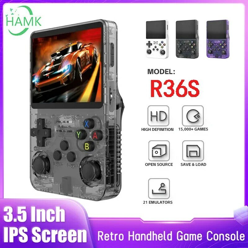 Consola de videojuegos portátil Retro R36S, sistema Linux, pantalla IPS de 3,5 pulgadas, reproductor de vídeo de bolsillo portátil, 64GB de juegos