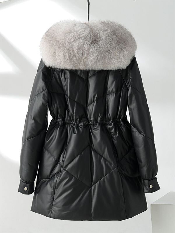 Casaco de couro genuíno para senhoras, pele de raposa grande natural, cordão de pele de carneiro, casaco quente, puffer parkas inverno