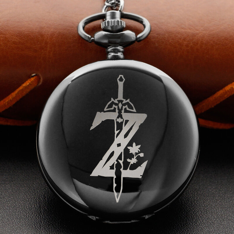 Zelda Stone Swordsman Black Fashion Quartz Pocket Watch with Chain Pendant Necklace Trinkets Best Gift for Festivals
