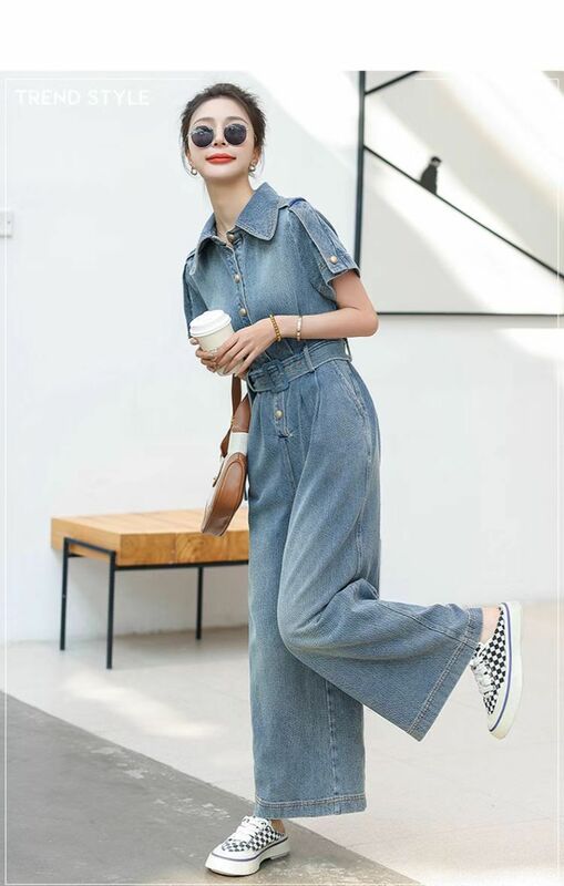 Комбинезон женский джинсовый с широкими штанинами, элегантный комбинезон из денима в винтажном стиле, с коротким рукавом и воротником с лацканами, уличная одежда, голубой цвет