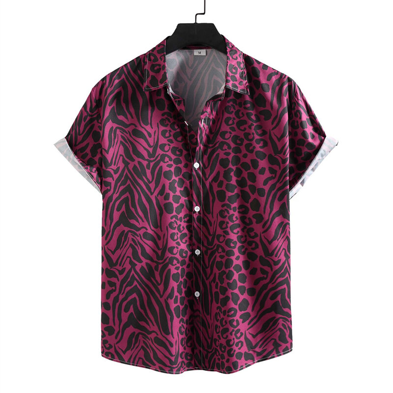 Leopard impresso camisa havaí para homens e mulheres, camisa de manga curta casual com botão e lapela, oversized, unisex