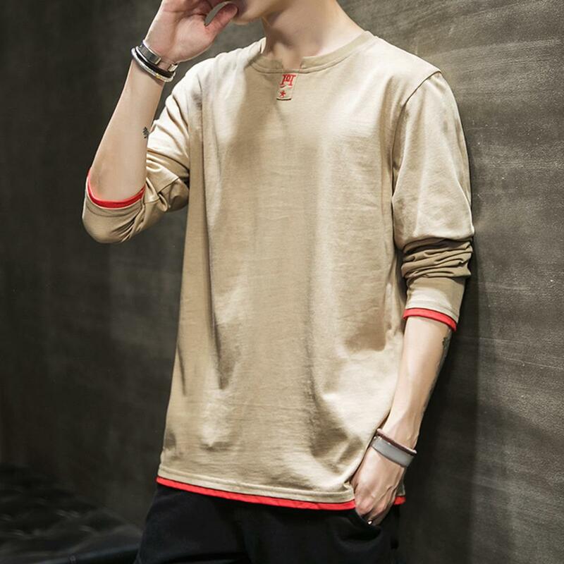 Men's Tops Round Neck Long Sleeves Loose Fake Two Piece Solid Color Casual Pullover Simple Style Autumn Men's T-shirt