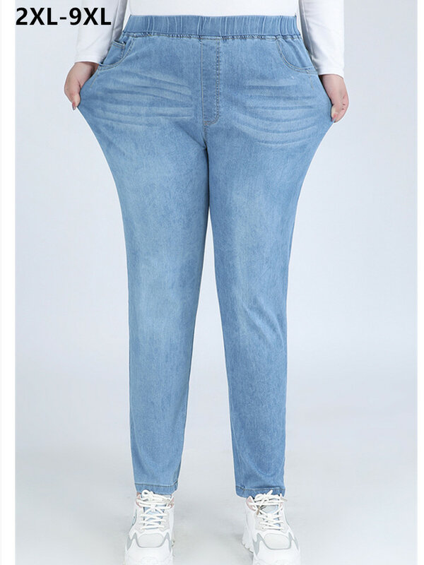 Женские облегающие джинсы, женские джинсовые брюки-карандаш большого размера 7XL, 8XL, 9XL с завышенной талией до щиколотки, 140 кг