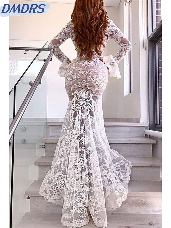Seksowna suknia ślubna z długim rękawem 2024, prosta suknia ślubna z głębokim dekoltem w szpic, pełna wdzięku koronkowa sukienka do podłogi Vestidos De Novia