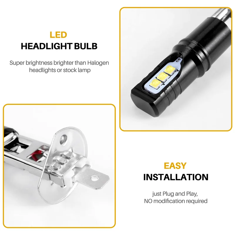 LEDヘッドライト電球キット,高輝度,白色,6000k,6000lm,drl,2個