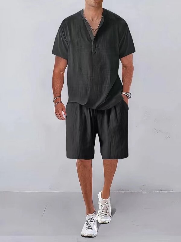Conjunto de camiseta y pantalones cortos informales de manga corta para hombre, color sólido, verano, nuevo