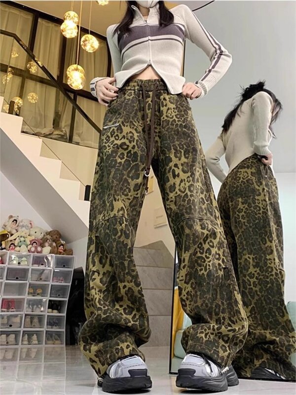 Houzhou-moletom leopardo vintage para mulheres, calças cargo largas com estampa de animais, calças esportivas altas estilo coreano, primavera, Y2K