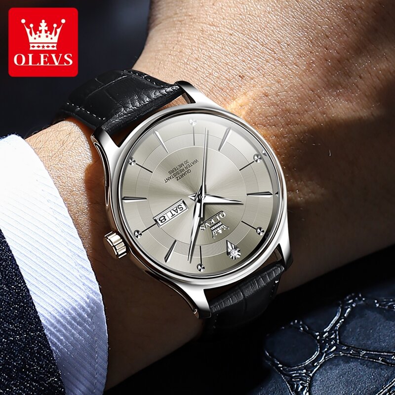 OLEVS marka moda szary zegarek kwarcowy mężczyźni skórzany pasek wodoodporny Luminous tydzień data męskie luksusowe zegarki Relogio Masculino