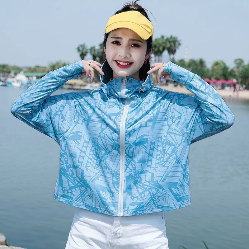 Ice InjSunscreen-Manteau imprimé à capuche pour femme, vêtements UV, VPN, mince, respirant, cool, coréen, nouveau, été, 2024