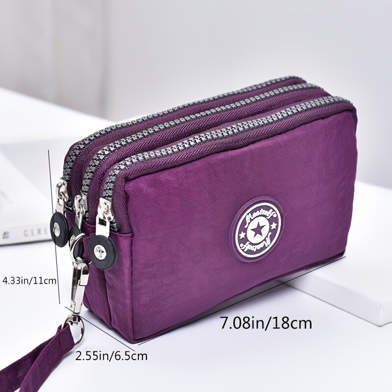 Bolsa de bolso com zíper longo de três camadas, bolsa feminina, bonito saco de pulso, pano lavável, espessado, celular