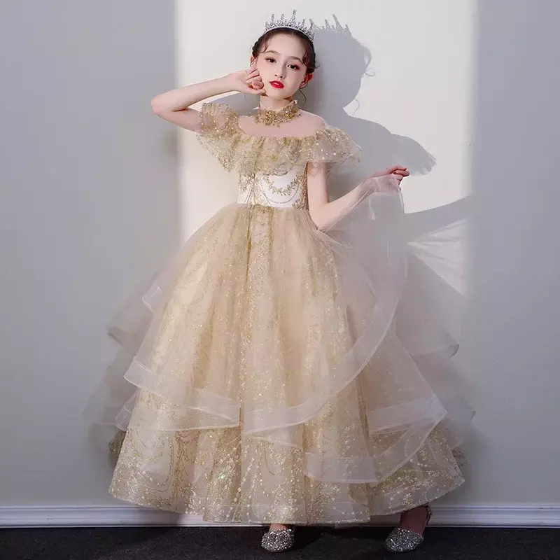 Flower Girl Selfie Princess Suit, Little Girl Show, Aniversário Piano Performance, Novo, Primavera