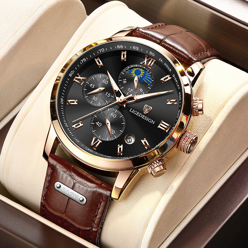 LIGE-Relógio de pulso quartzo couro impermeável masculino, relógios luminosos, marca de topo, luxo, casual, esportivo, militar