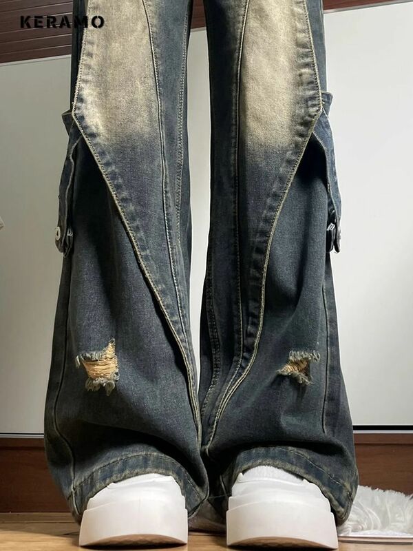 2024 estate donna stile Casual Harajuku Jeans Vintage a vita alta pantaloni larghi strappati Y2K gamba larga Punk pantaloni larghi in Denim