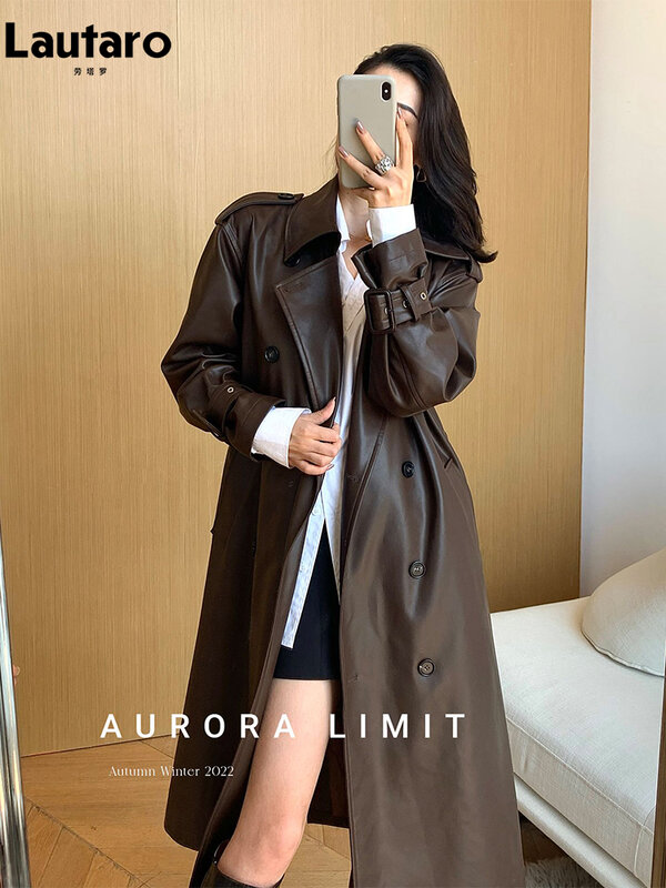 Lautaro Spring Autumn Long Loose Brown Pu Leather Trench Coat for Women Belt Double Breasted American and European Fashion 2023