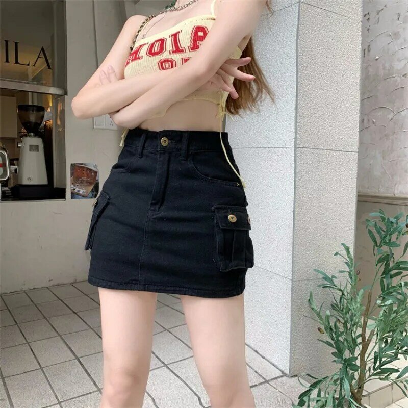 Summer Fashion Women Street Spicy Girl Denim Cargo Skirts Solid Button Pocket Versatile High Waist Anti-glare Mini A-line Skirt