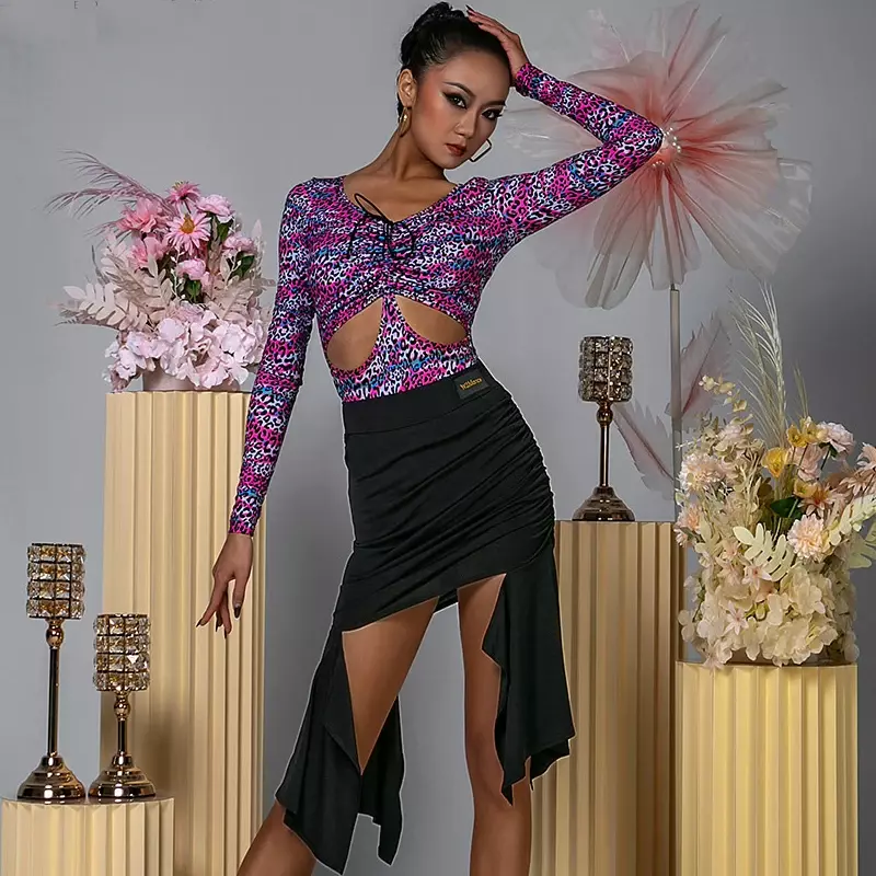 Женский костюм для латиноамериканских танцев, откровенный топ с вырезом, плиссированная юбка для взрослых, одежда для бальных танцев