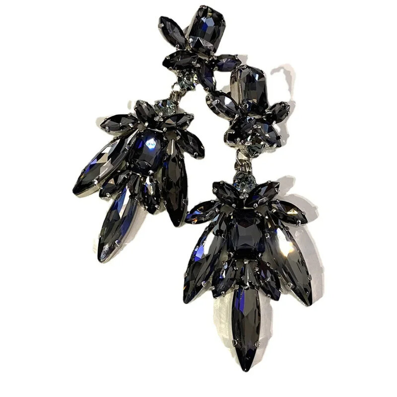 Black Crystal Earrings Studs for Women Large Luxury Design Party Jewelry Oversize Accessories Statement Rhinestone Earrings