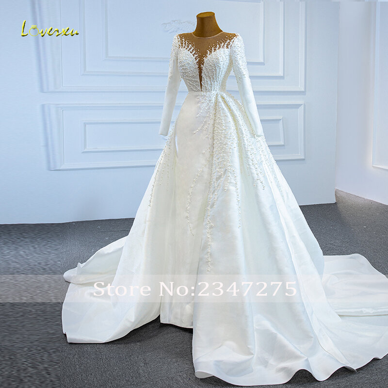 Loverxu Mermaid Satin Wedding Dresses 2024 O-Neck Long Sleeve Vestido De Novia Beading Detachable Train 2 In 1 Robe De Mariee