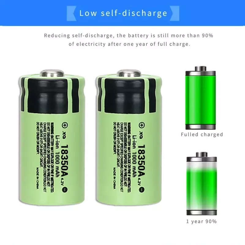 Baterias Recarregáveis com Lanterna LED, Bateria 18350, Descarga 3C, Célula 18350 HD, Bateria de Lítio com Presente T6, 1000mAh, 4.2V