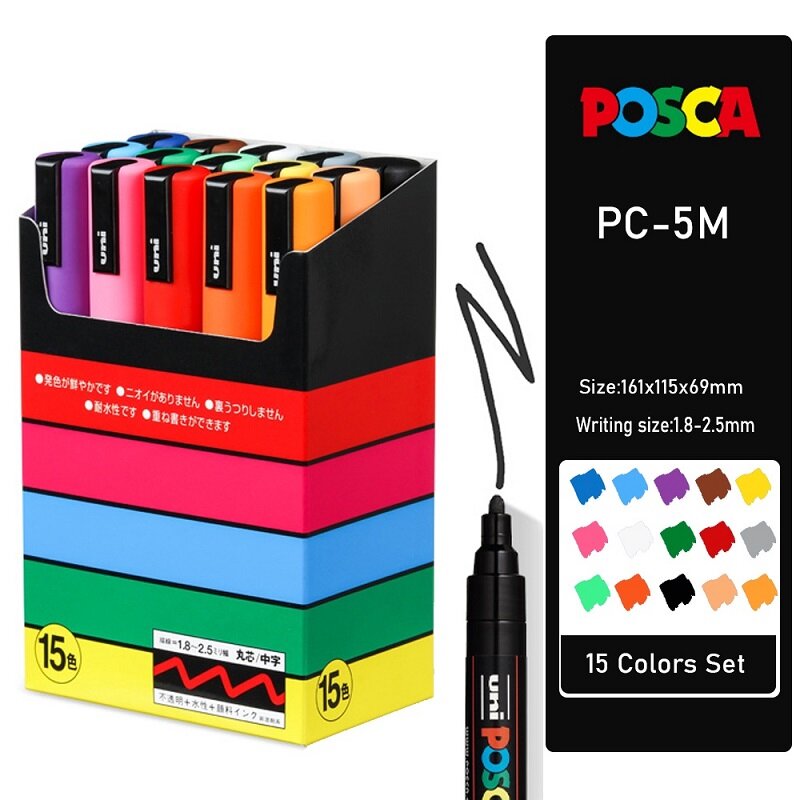 Uni Posca-Juego de rotuladores de pintura acrílica, Plumones, Marcadores, papelería japonesa, PC-1M, 3M, 5M, suministros de Arte de Colores, Graffiti