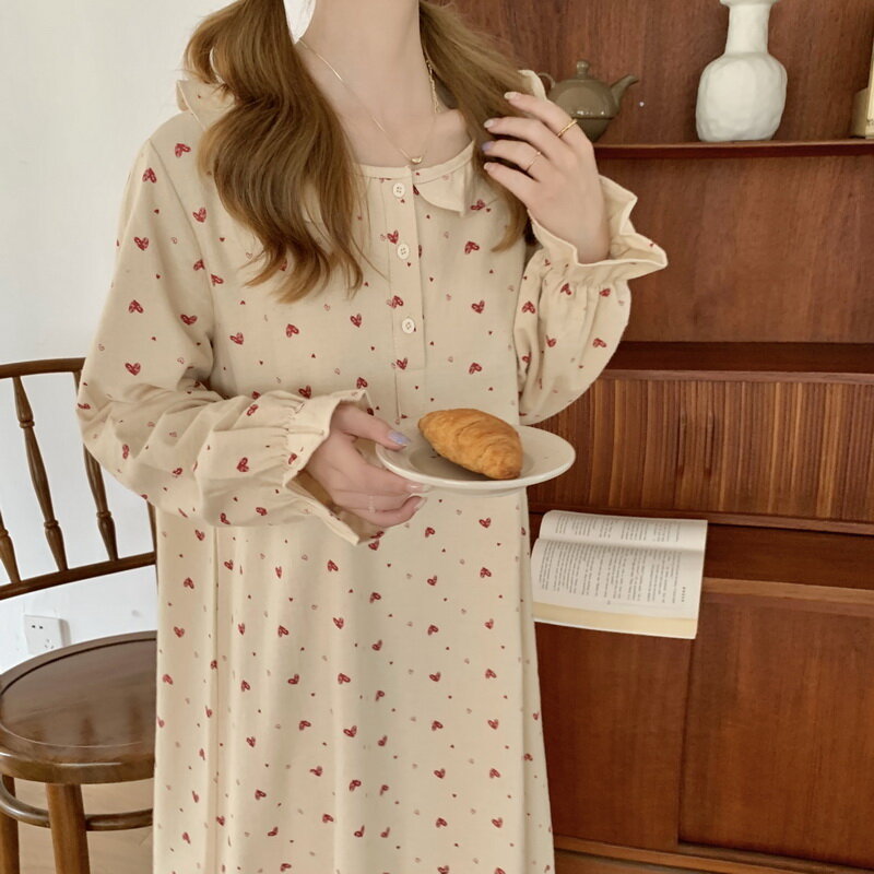 Brushed nightgown long-sleeved pure cotton pajamas women autumn winter 2023 new cotton home wear women's outer skirt freshing