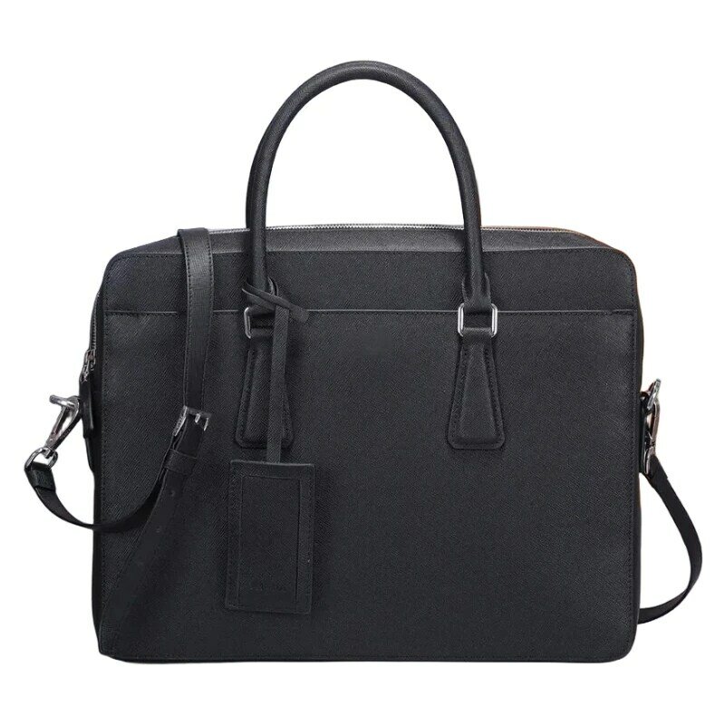 Men's Black Leather Laptop One-shouldered Cross-legged Business Briefcase 14 Inch
