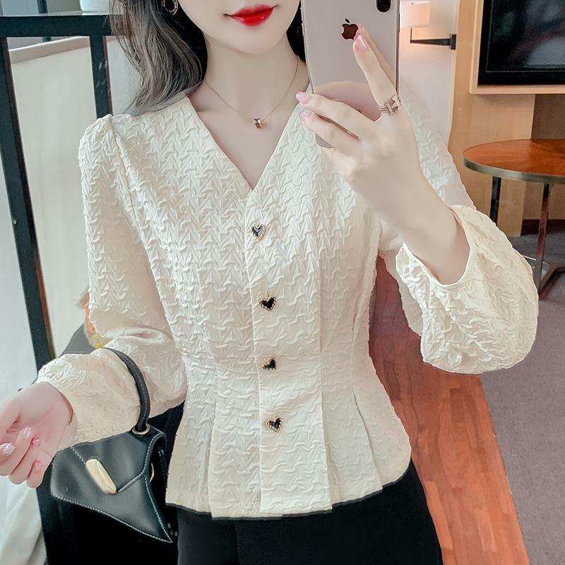 Shirts Women V-neck Bodycon Long Sleeve Ruffled French Style Elegant Ladies Office Slim Fit Chic Spring Temperament Tops Trendy