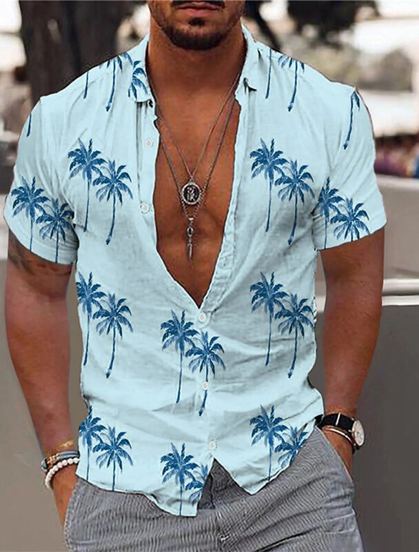 قمصان هاواي للرجال من شجرة جوز الهند ، قمصان شجرة النخيل ، أكمام قصيرة ، زر لأسفل ، شارع ، خارجي ، هاراجاو ، ملابس صيفية