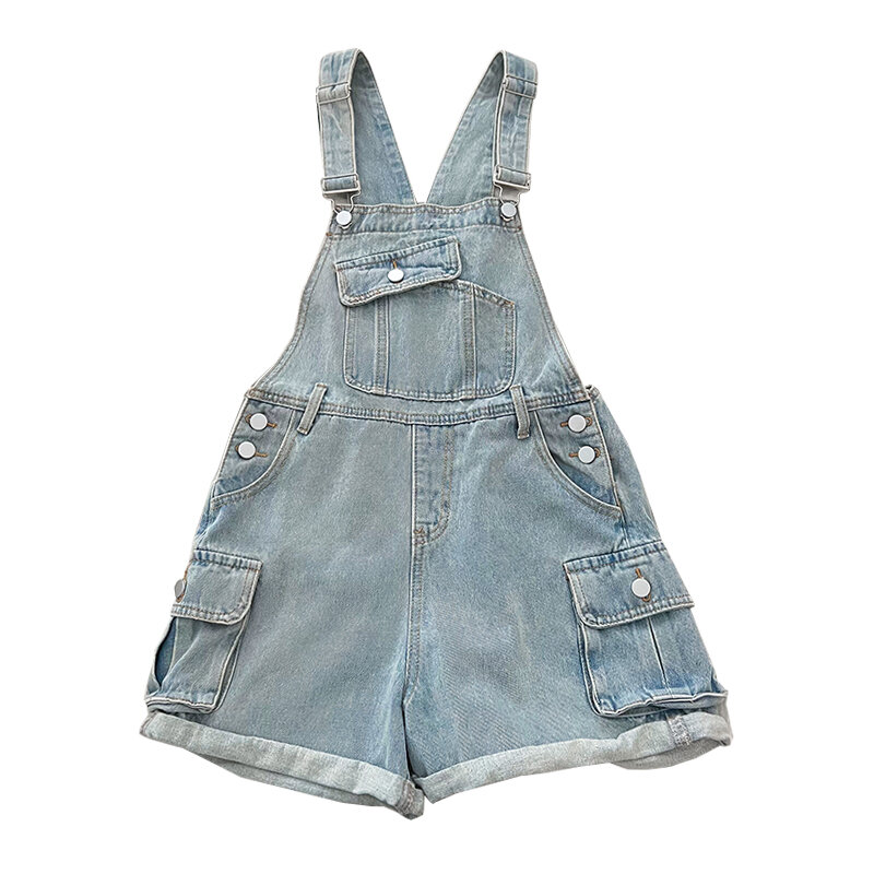 American Style Suspender Denim Shorts Women Summer Multiple Pockets Wide Leg Cargo Pants Fashion Trend All-matched Jumpsuit