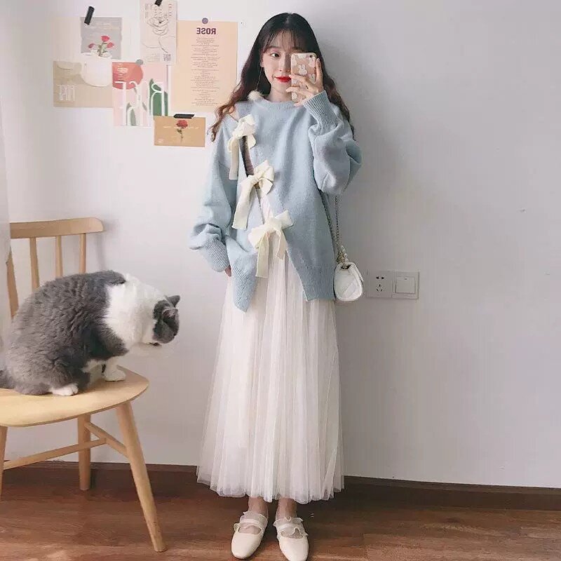YUQI Vintage Kawaii maglione lavorato a maglia t-shirt giapponese manica lunga Y2K scava fuori papillon top pullover allentati moda Streetwear