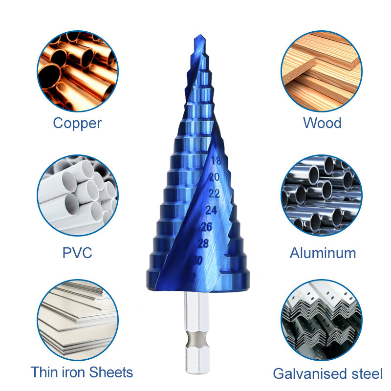 XLilStep-Foret à revêtement bleu HSS pour bois et métal, coupe-trou conique, outil de propositions, 3, 12/4, 12/4, 20/4, 32, 1 pièce