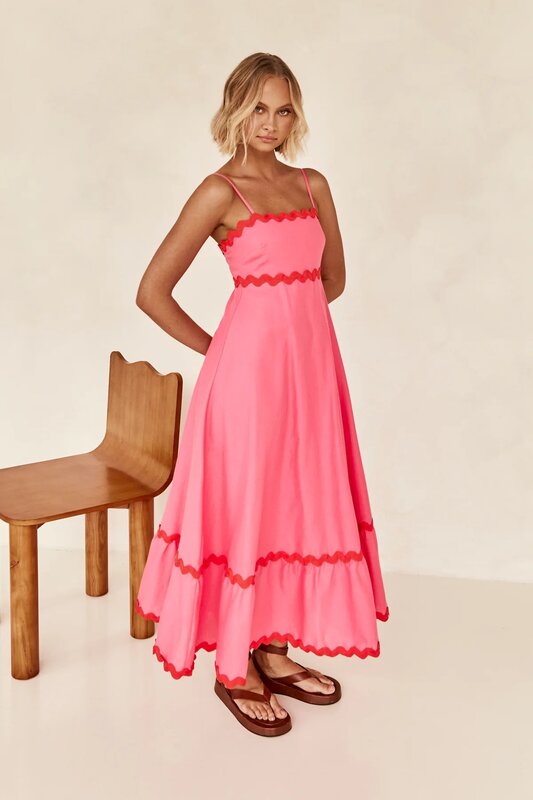 Vestido elegante estampado em linha única para mulheres, alças de espaguete sem mangas, vestido de praia colorido, 2024