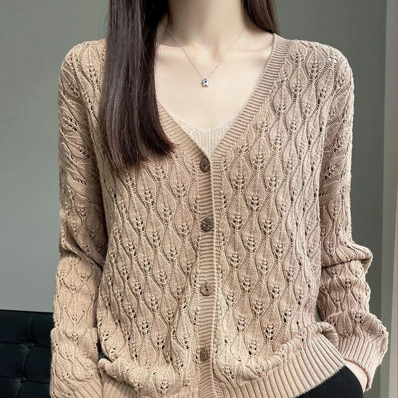 Spring Autumn Retro Crochet Hollowing Out Ladies Fashion V-Neck Knit Cardigan Women Sweater Coat New Casual Female Knitwear