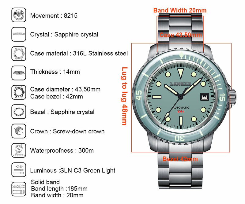 LANSTB-高級メンズ腕時計、自動ムーブメント男性用腕時計、機械式腕時計、サファイア、ステンレス鋼の仕事ダイビング腕時計