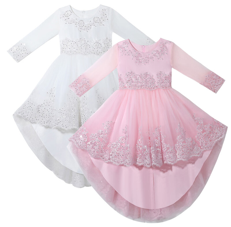 Gaun anak perempuan bunga putih untuk pernikahan gaun Tulle upacara Komuni Pertama gaun putri ulang tahun asimetris untuk anak perempuan 4-14