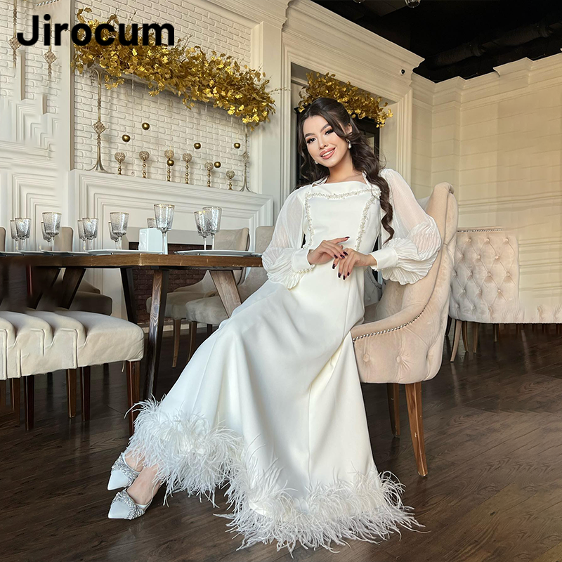 Jirocum-vestido de fiesta de satén de manga larga para mujer, de línea A vestidos de noche, elegante, cuello cuadrado, vestidos de ocasiones formales saudíes