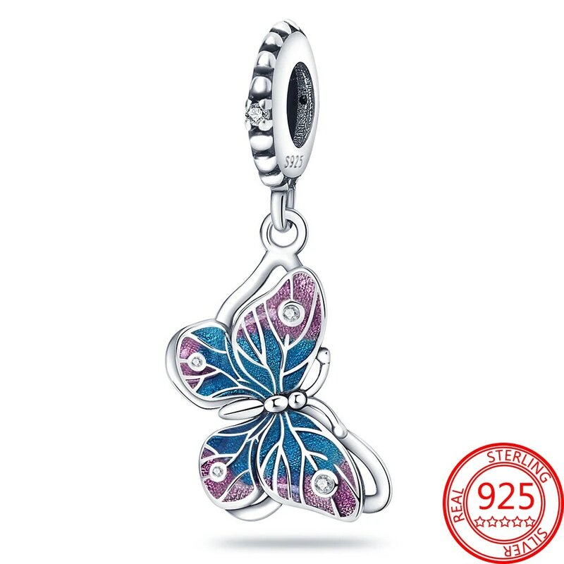 Nowe niebieskie motyle i cytat podwójny srebrny wisiorek motyl musujące koraliki Fit marka bransoletka ze srebra próby 925 biżuteria prezent