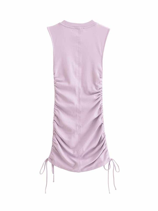 Mini vestido feminino slim fit dobrado com decoração de gravata lateral, vestido sem mangas com gola O retrô, nova moda, 2024