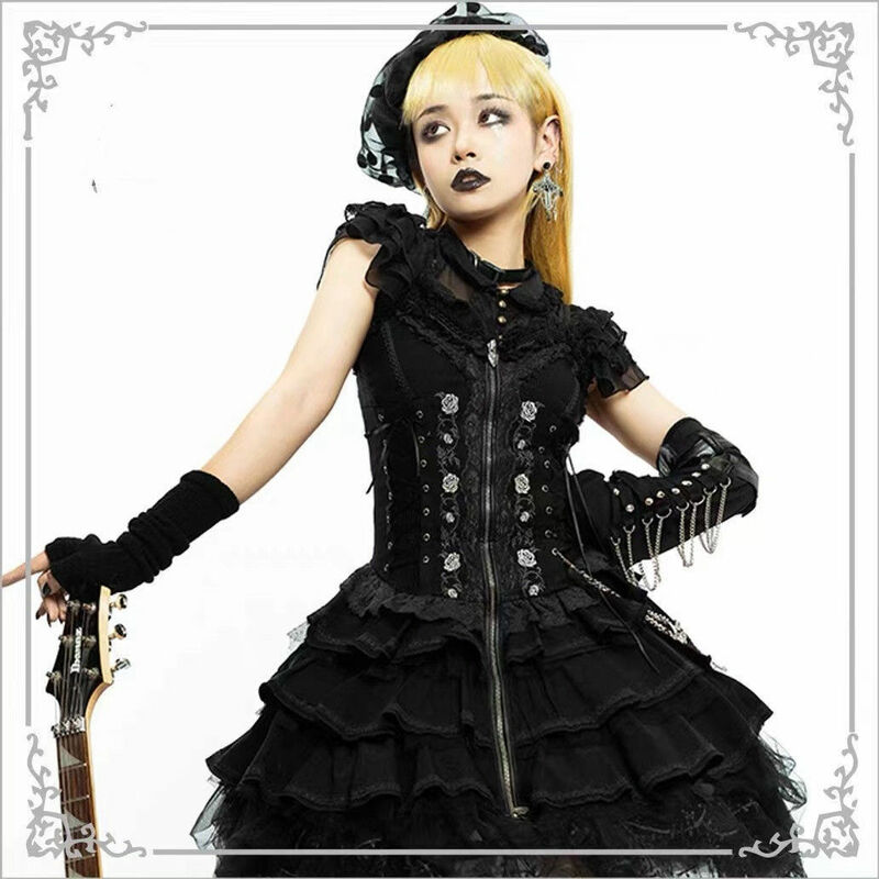 Lolita gótico verão rosa jsk vintage harajuku bandagem rendas vestido de bolo lolita y2k vitoriana princesa vestido de festa