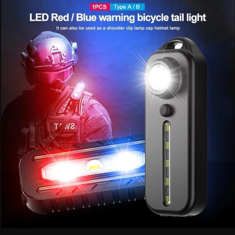 Lampu bahu polisi LED merah dan biru dengan klip, lampu senter isi ulang daya USB, lampu peringatan keselamatan sepeda, peringatan